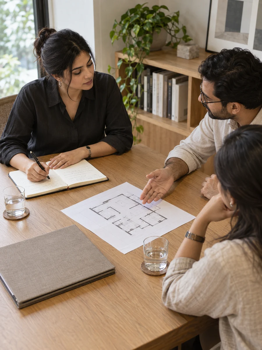 An architect listens to clients and records their requirements beside a floor plan.