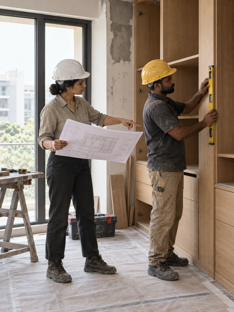 An architect and carpenter check cabinetry installation against a working drawing.