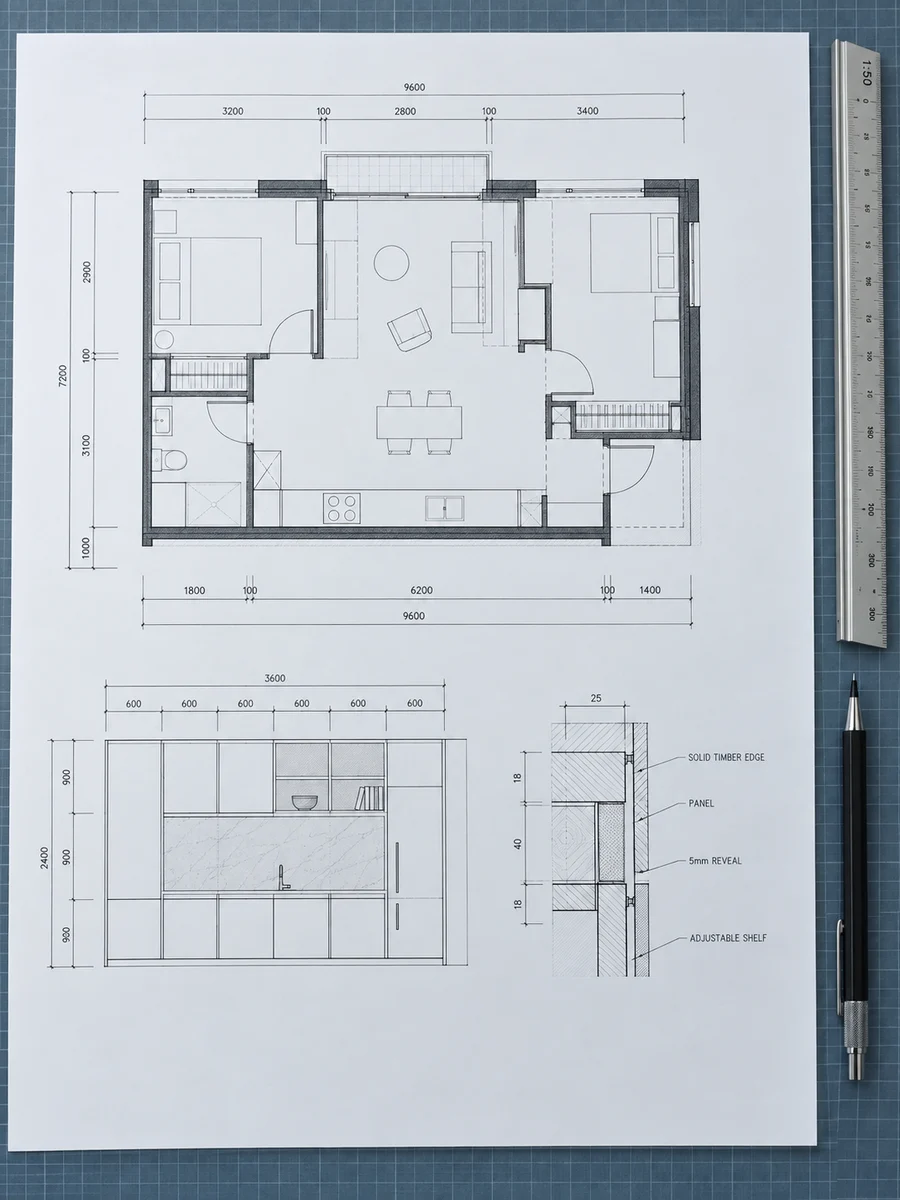 Dimensioned plans, elevations and joinery details arranged on a blue drafting surface.